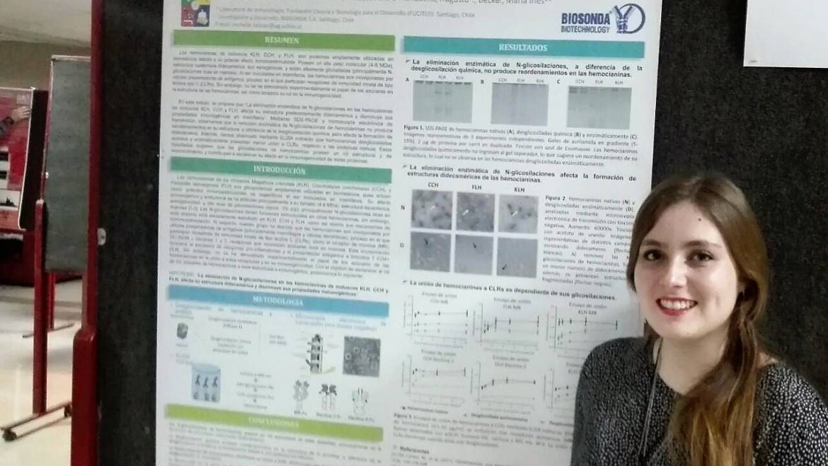 Michelle Salazar, quién desarrolla su Tesis de Magíster en FUCITED, obtuvo el 2do lugar en la competencia de paneles del XXXIV Congreso Nacional de Estudiantes de Bioquímica (ANEB) que se desarrolló entre el 1 y 5 de Agosto de 2017 en la Universidad de Antofagasta, Chile.